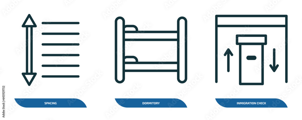 Poster set of 3 linear icons from maps and flags concept. outline icons such as spacing, dormitory, inmigra