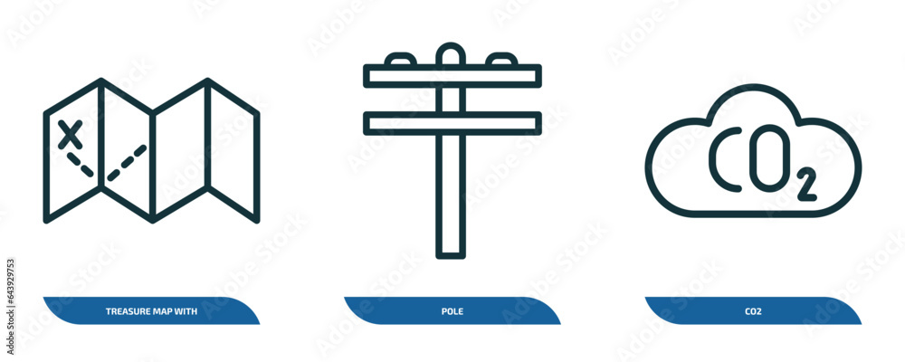Poster set of 3 linear icons from maps and flags concept. outline icons such as treasure map with x, pole, 