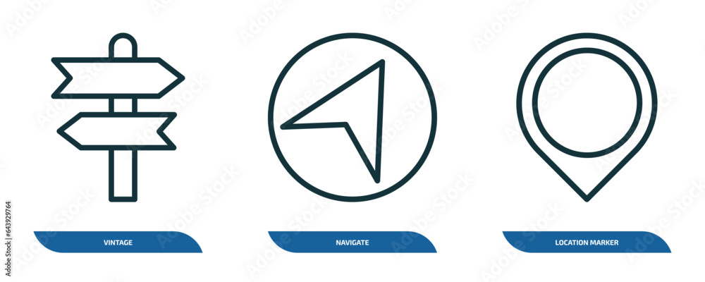 Poster set of 3 linear icons from maps and flags concept. outline icons such as vintage, navigate, location