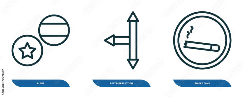 Poster set of 3 linear icons from maps and flags concept. outline icons such as flags, left intersection, s