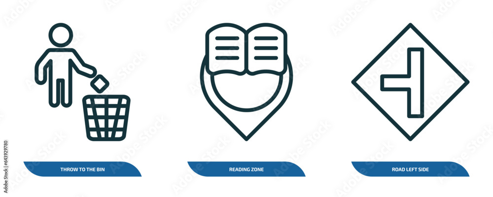 Poster set of 3 linear icons from maps and flags concept. outline icons such as throw to the bin, reading z