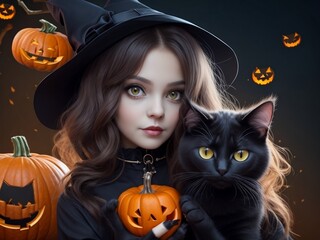 Happy Halloween, Halloween Black Cat and Girl, Scary Background 