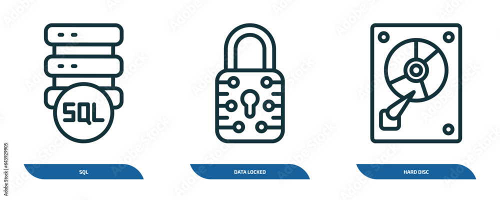 Poster set of 3 linear icons from internet security concept. outline icons such as sql, data locked, hard d