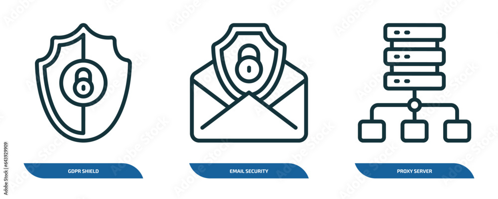 Poster set of 3 linear icons from internet security concept. outline icons such as gdpr shield, email secur