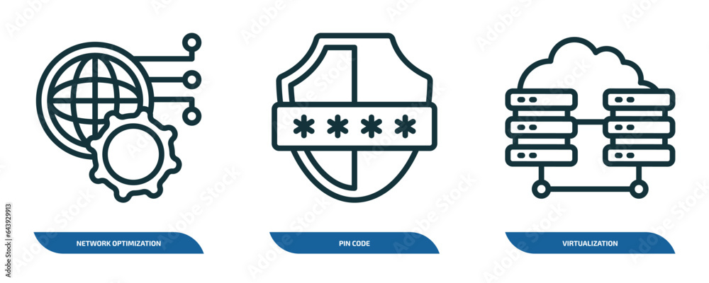 Poster set of 3 linear icons from internet security concept. outline icons such as network optimization, pi