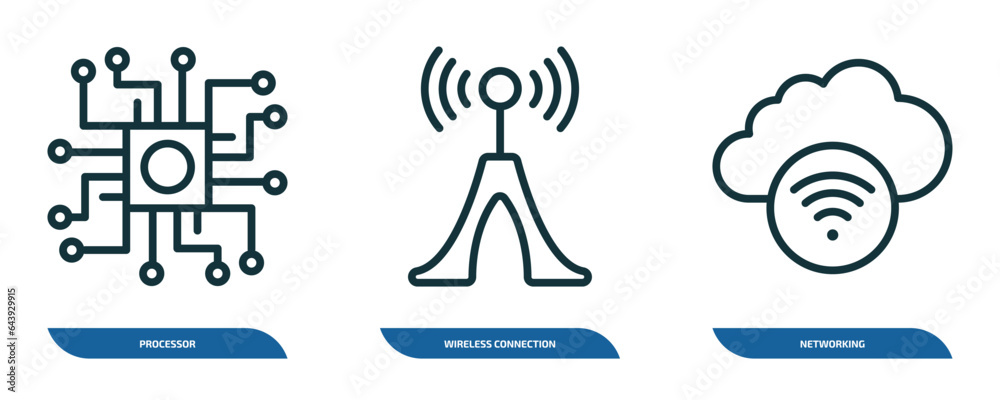 Poster set of 3 linear icons from internet security concept. outline icons such as processor, wireless conn
