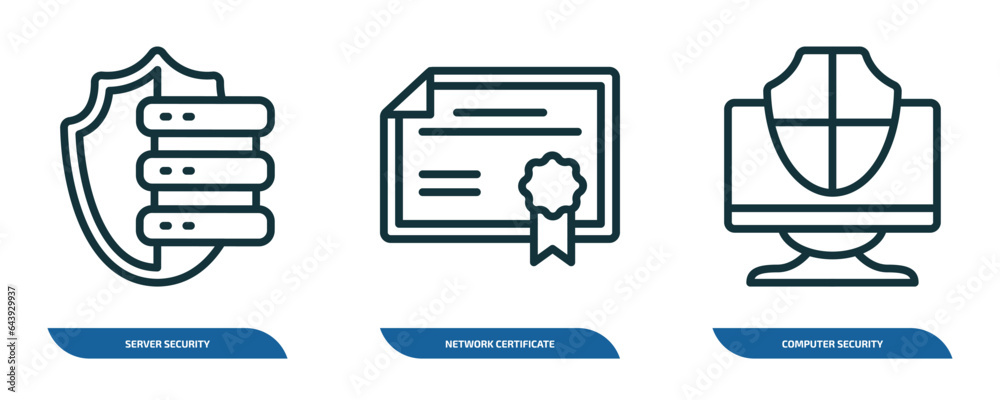 Poster set of 3 linear icons from internet security concept. outline icons such as server security, network