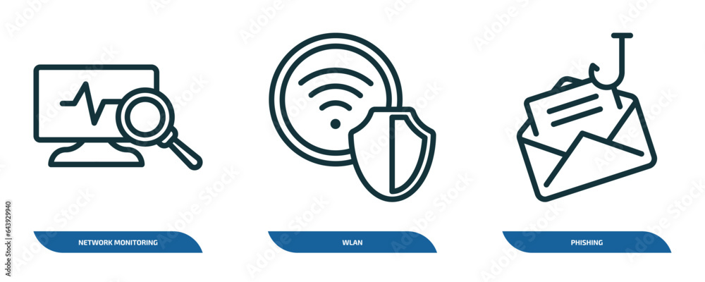 Poster set of 3 linear icons from internet security concept. outline icons such as network monitoring, wlan