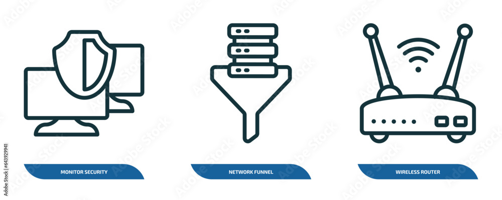 Poster set of 3 linear icons from internet security concept. outline icons such as monitor security, networ