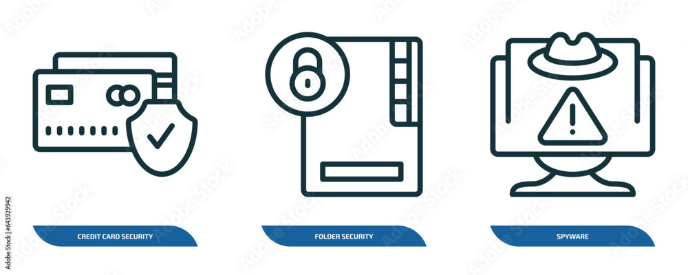 Poster set of 3 linear icons from internet security concept. outline icons such as credit card security, fo