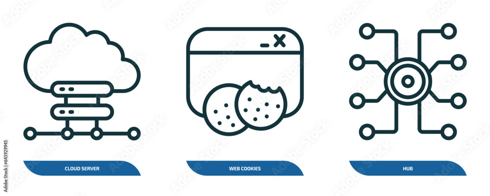 Poster set of 3 linear icons from internet security concept. outline icons such as cloud server, web cookie