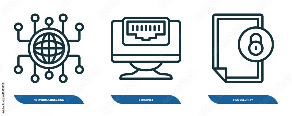 Poster set of 3 linear icons from internet security concept. outline icons such as network conection, ether