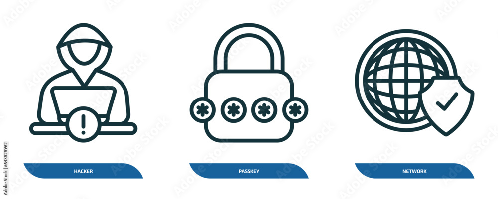 Poster set of 3 linear icons from internet security concept. outline icons such as hacker, passkey, network