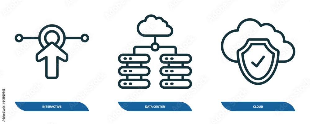 Poster set of 3 linear icons from internet security concept. outline icons such as interactive, data center
