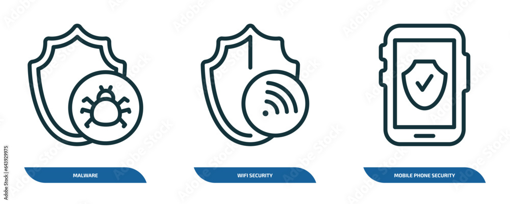 Poster set of 3 linear icons from internet security concept. outline icons such as malware, wifi security, 