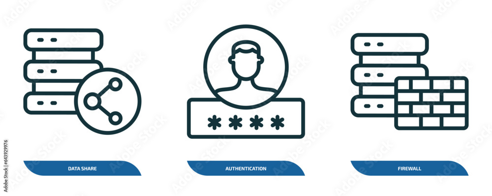Poster set of 3 linear icons from internet security concept. outline icons such as data share, authenticati
