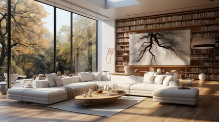 Interior of modern minimalist living area in luxury cottage. Bookshelves and large abstract painting on the wall, stylish cushioned furniture, coffee table, panoramic window. Contemporary home design.