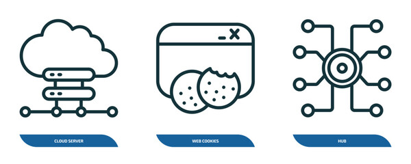 set of 3 linear icons from internet security concept. outline icons such as cloud server, web cookies, hub vector