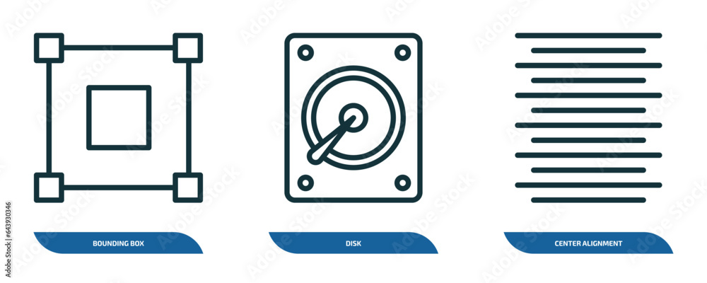 Poster set of 3 linear icons from geometric figure concept. outline icons such as bounding box, disk, cente