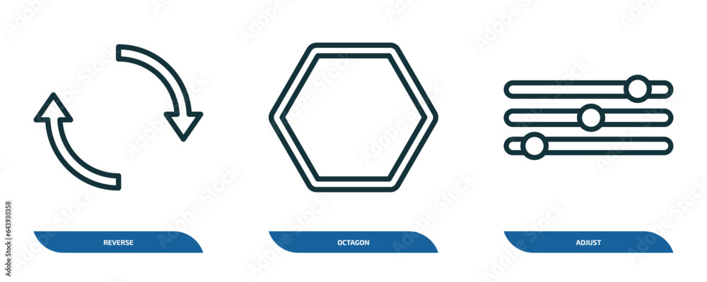 Poster set of 3 linear icons from geometry concept. outline icons such as reverse, octagon, adjust vector
