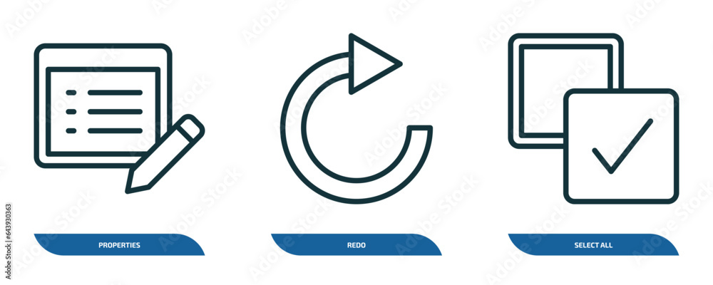 Poster set of 3 linear icons from geometry concept. outline icons such as properties, redo, select all vect