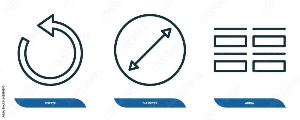 Poster set of 3 linear icons from geometry concept. outline icons such as rotate, diameter, array vector