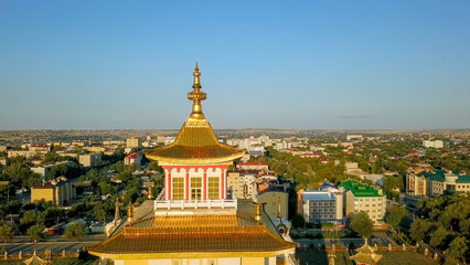 The golden abode of Buddha Shakyamuni at sunrise is the largest Buddhist temple in the Republic of Kalmykia, one of the largest Buddhist temples in Europe. Elista, Russia