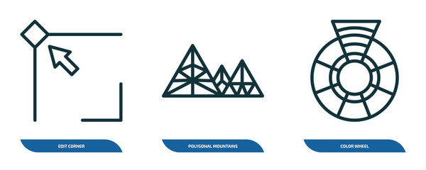 set of 3 linear icons from geometry concept. outline icons such as edit corner, polygonal mountains, color wheel vector