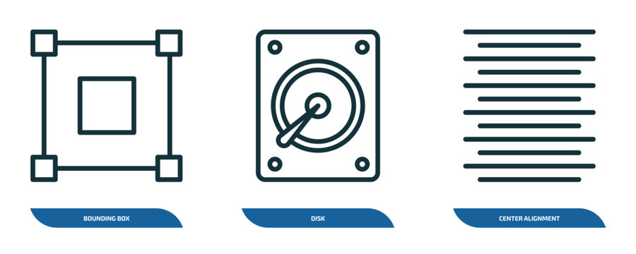 set of 3 linear icons from geometric figure concept. outline icons such as bounding box, disk, center alignment vector