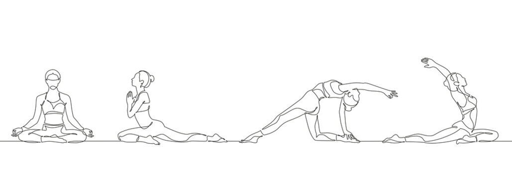 Continuous one line drawing group of women doing yoga exercise minimalist design