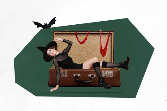 Collage picture image of happy witch lady sit vintage old valise enjoy halloween atmosphere isolated on abstract background