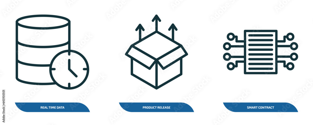 Poster set of 3 linear icons from general concept. outline icons such as real time data, product release, s