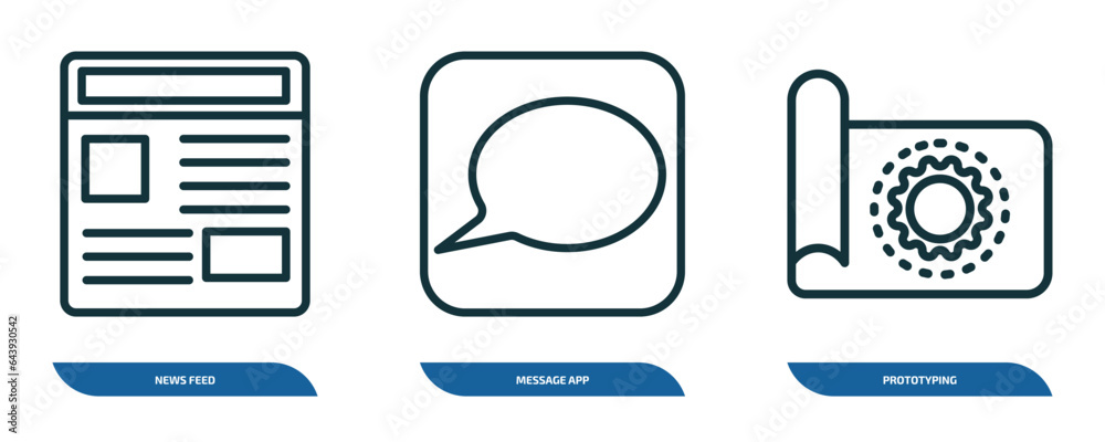 Poster set of 3 linear icons from general concept. outline icons such as news feed, message app, prototypin