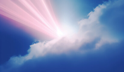 Fototapeta na wymiar Presence of the Savior. Beautiful blue sky with white clouds and sun rays