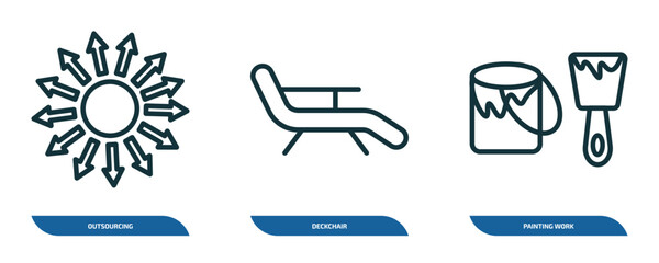 set of 3 linear icons from general concept. outline icons such as outsourcing, deckchair, painting work vector