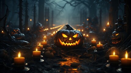 Dark tones Halloween composition in sinister cemetery alley under moonlight. Spooky pumpkin jack-o-lanterns, burning candles, gnarled bare trees, night fog. Halloween celebration concept.