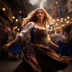 European girl dancing national dance in European clothes