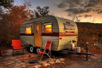 Vintage camper trailer. Generative AI