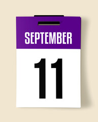 11 September Calendar Date, Realistic calendar sheet hanging on wall