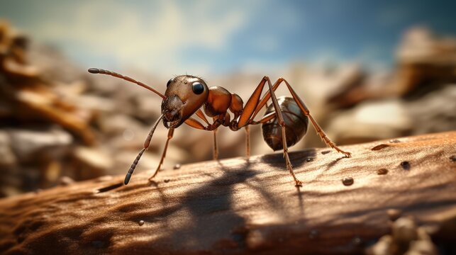 Ant in the nature. Macro shot with shallow depth of field, AI generated Image