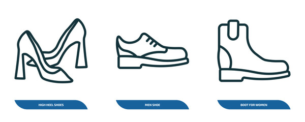 set of 3 linear icons from fashion concept. outline icons such as high heel shoes, men shoe, boot for women vector