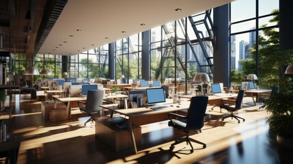 Fototapeta premium Modern open space office with no employees in luxury building. Large desks, office chairs, desktop computers. Stairs to the upper level. Glass walls with park view. Contemporary interior design.