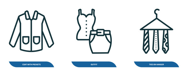 set of 3 linear icons from fashion concept. outline icons such as coat with pockets, outfit, ties on hanger vector