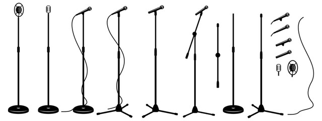 Microphones on counters and microphones and stands separately for design. Vector silhouette cliparts set. Retro and modern.