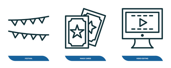 set of 3 linear icons from arcade concept. outline icons such as festival, magic cards, video editing vector