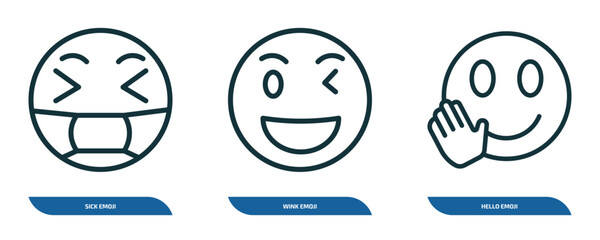 set of 3 linear icons from emoji concept. outline icons such as sick emoji, wink emoji, hello vector