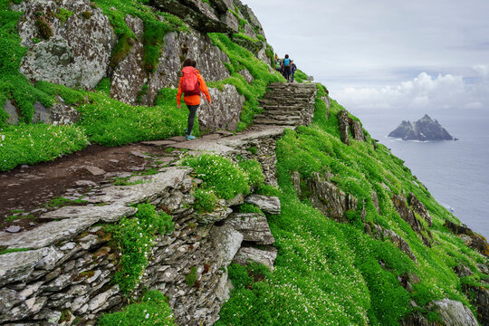 visitors on the steep path up to the monastery, Skellig Michael island, Mainistir Fhion&aacute;in (St. Fionan&rsquo;s Monastery), county Kerry, Ireland, United Kingdom