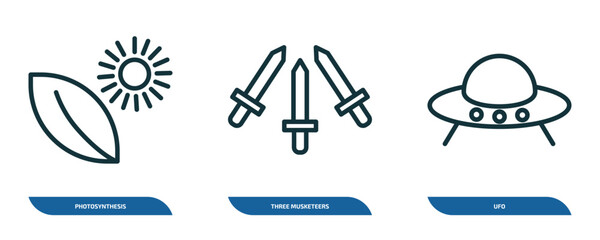 set of 3 linear icons from education concept. outline icons such as photosynthesis, three musketeers, ufo vector © Farahim