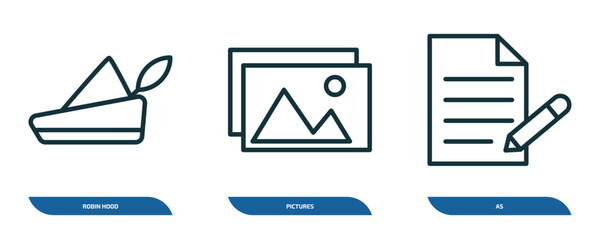 set of 3 linear icons from education concept. outline icons such as robin hood, pictures, as vector