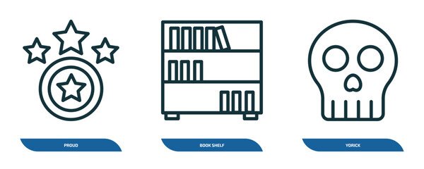 set of 3 linear icons from education concept. outline icons such as proud, book shelf, yorick vector © Farahim
